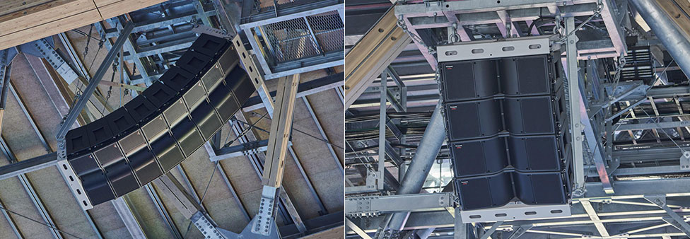 Pictured are a set of eight line array speakers (left) and a set of four line array speakers (right). 