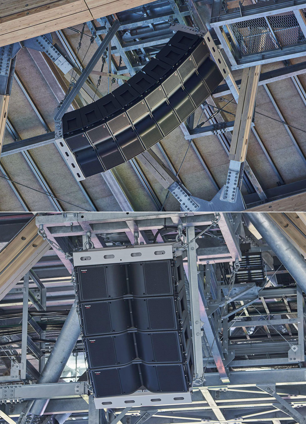 Pictured are a set of eight line array speakers (left) and a set of four line array speakers (right). 